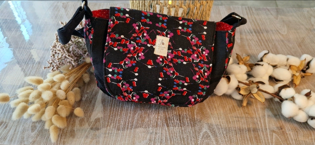 Besace tissu japonais • Motif baies & fleurs • Fait main
