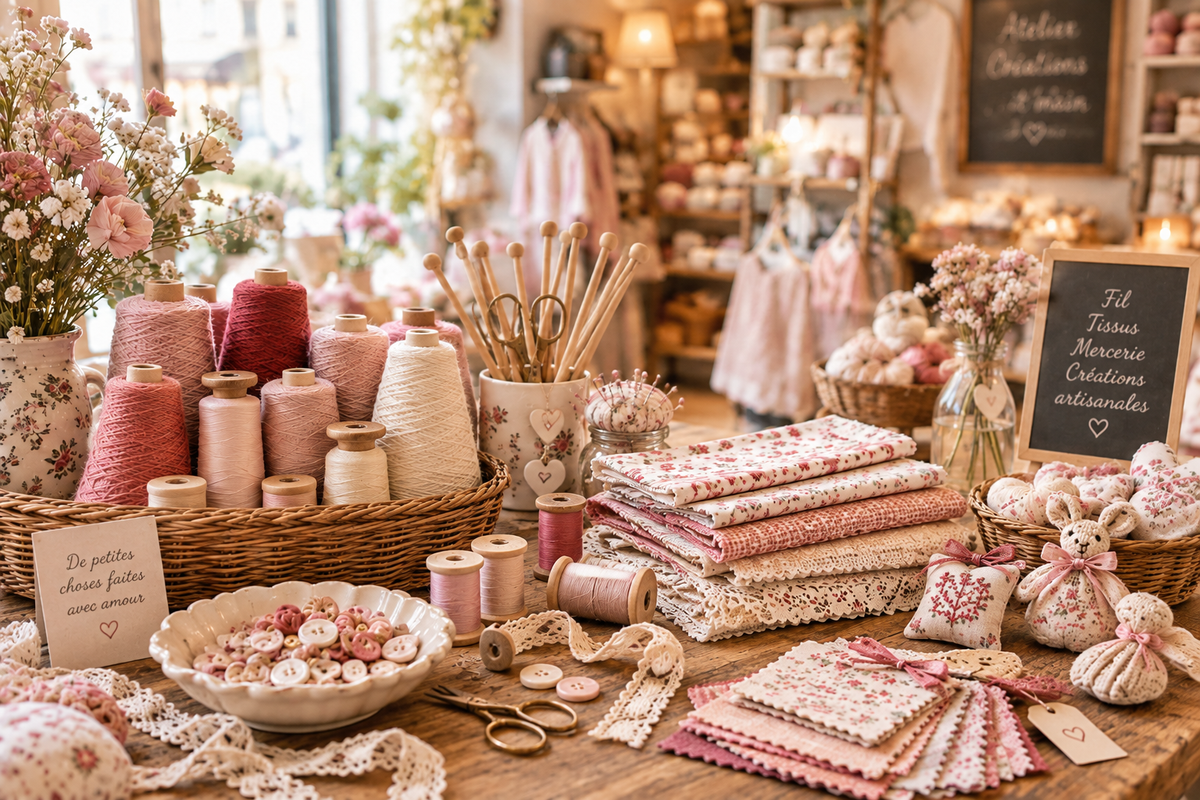 Ambiance boutique avec bobines et cônes de fils